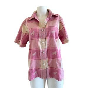 Angelique women’s xL 100% cotton western button up pink cream plaid mustang hors